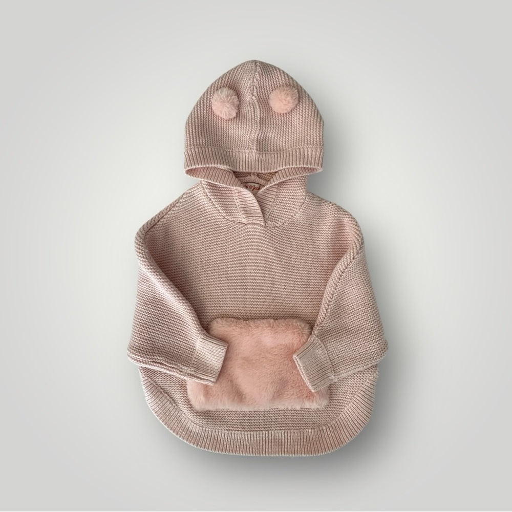 Cozy Soft Pink Hooded Knit Poncho Sweater w Pom Pom Ears & Faux Fur Pouch Pocket